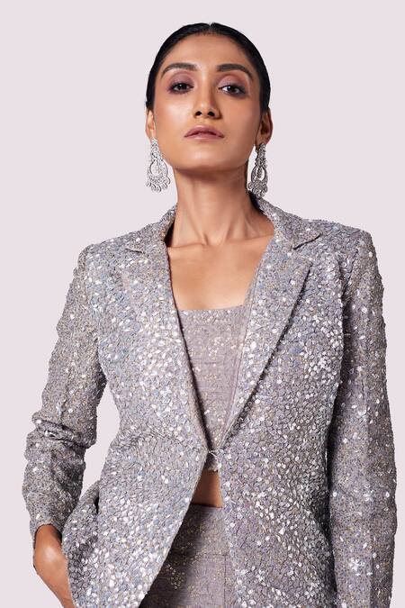 Onaya_Grey Silk Embellished Sequin Lapel Collar And Cutdana Embroidered Blazer Pant Set_Online_at_Aza_Fashions