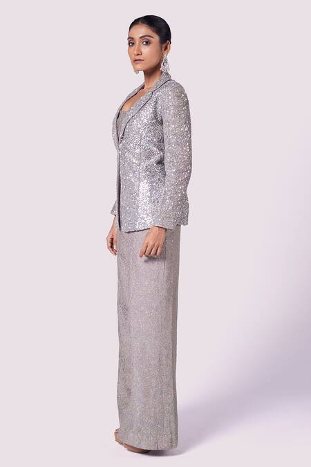 Buy_Onaya_Grey Silk Embellished Sequin Lapel Collar And Cutdana Embroidered Blazer Pant Set_Online_at_Aza_Fashions