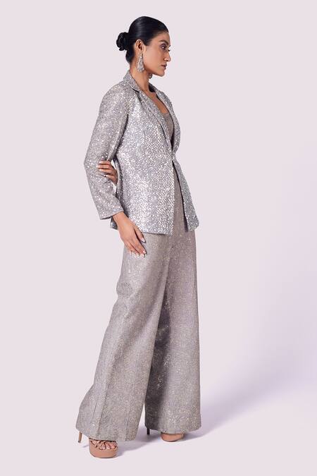 Shop_Onaya_Grey Silk Embellished Sequin Lapel Collar And Cutdana Embroidered Blazer Pant Set_Online_at_Aza_Fashions