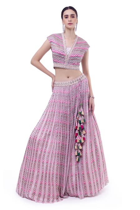 Onaya Pink Chiffon Embellished Mirror V Neck Printed Crop Top And Skirt Set 