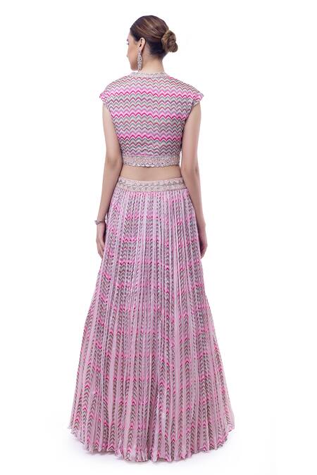 Shop Onaya Pink Chiffon Embellished Mirror V Neck Printed Crop Top And Skirt Set at Aza Fashions Shop_Onaya_Pink Chiffon Embellished Mirror V Neck Printed Crop Top And Skirt Set_at_Aza_Fashions