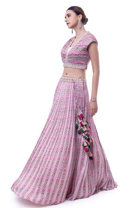 Onaya Pink Chiffon Embellished Mirror V Neck Printed Crop Top And Skirt Set Online at Aza Fashions Onaya_Pink Chiffon Embellished Mirror V Neck Printed Crop Top And Skirt Set_Online_at_Aza_Fashions