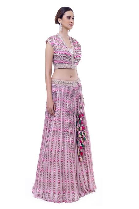 Buy Onaya Pink Chiffon Embellished Mirror V Neck Printed Crop Top And Skirt Set Online at Aza Fashions Buy_Onaya_Pink Chiffon Embellished Mirror V Neck Printed Crop Top And Skirt Set_Online_at_Aza_Fashions