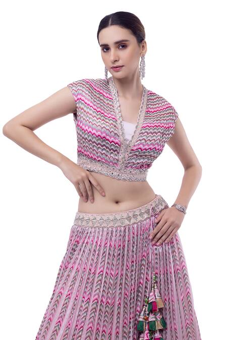 Shop Onaya Pink Chiffon Embellished Mirror V Neck Printed Crop Top And Skirt Set Online at Aza Fashions Shop_Onaya_Pink Chiffon Embellished Mirror V Neck Printed Crop Top And Skirt Set_Online_at_Aza_Fashions