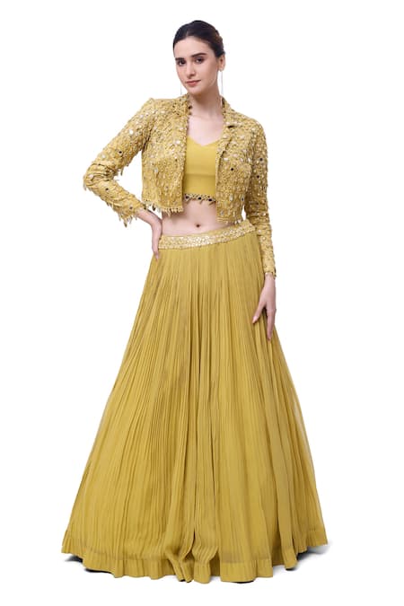 Onaya Gold Georgette Embellished Mirror Lapel Jacket Pleated Skirt Set 