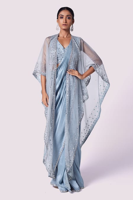 Onaya Blue Georgette Sequins, Mirrors, Cut Embellished Blouse And Pre-stitched Saree Set 
