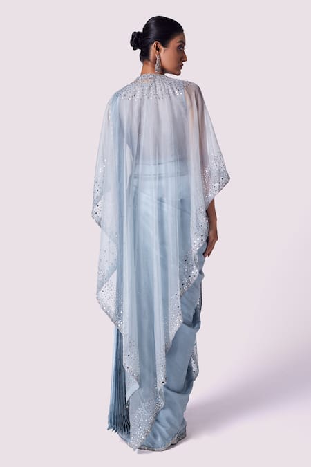 Shop Onaya Blue Georgette Sequins, Mirrors, Cut Embellished Blouse And Pre-stitched Saree Set at Aza Fashions Shop_Onaya_Blue Georgette Sequins, Mirrors, Cut Embellished Blouse And Pre-stitched Saree Set _at_Aza_Fashions