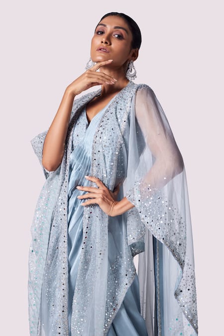 Onaya Blue Georgette Sequins, Mirrors, Cut Embellished Blouse And Pre-stitched Saree Set Online at Aza Fashions Onaya_Blue Georgette Sequins, Mirrors, Cut Embellished Blouse And Pre-stitched Saree Set _Online_at_Aza_Fashions