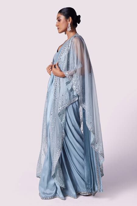 Buy Onaya Blue Georgette Sequins, Mirrors, Cut Embellished Blouse And Pre-stitched Saree Set Online at Aza Fashions Buy_Onaya_Blue Georgette Sequins, Mirrors, Cut Embellished Blouse And Pre-stitched Saree Set _Online_at_Aza_Fashions