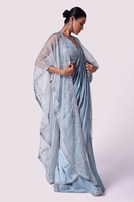 Shop Onaya Blue Georgette Sequins, Mirrors, Cut Embellished Blouse And Pre-stitched Saree Set Online at Aza Fashions Shop_Onaya_Blue Georgette Sequins, Mirrors, Cut Embellished Blouse And Pre-stitched Saree Set _Online_at_Aza_Fashions