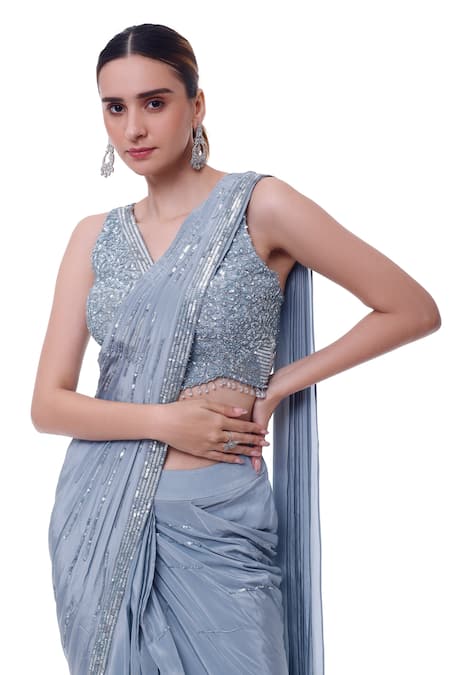 Onaya_Blue Crepe Embroidery V-neck Embellished Pre-stitched Saree With Blouse _Online_at_Aza_Fashions