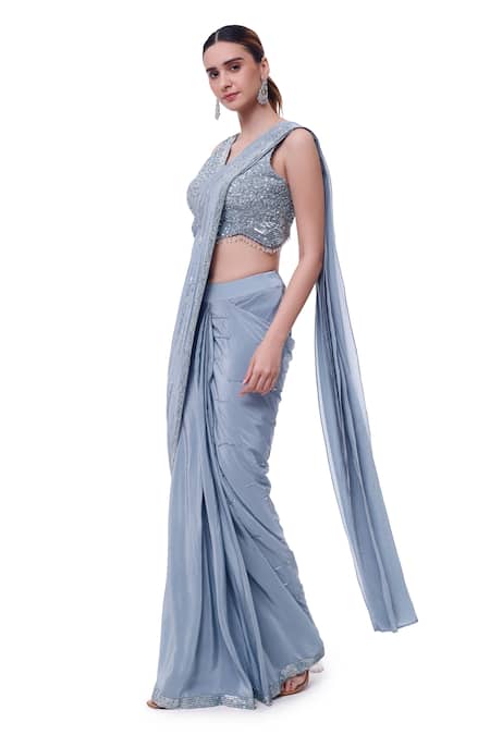 Buy_Onaya_Blue Crepe Embroidery V-neck Embellished Pre-stitched Saree With Blouse _Online_at_Aza_Fashions