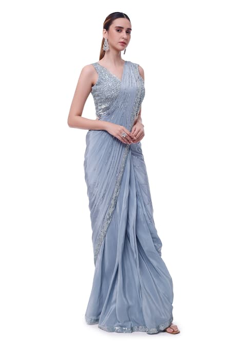 Shop_Onaya_Blue Crepe Embroidery V-neck Embellished Pre-stitched Saree With Blouse _Online_at_Aza_Fashions