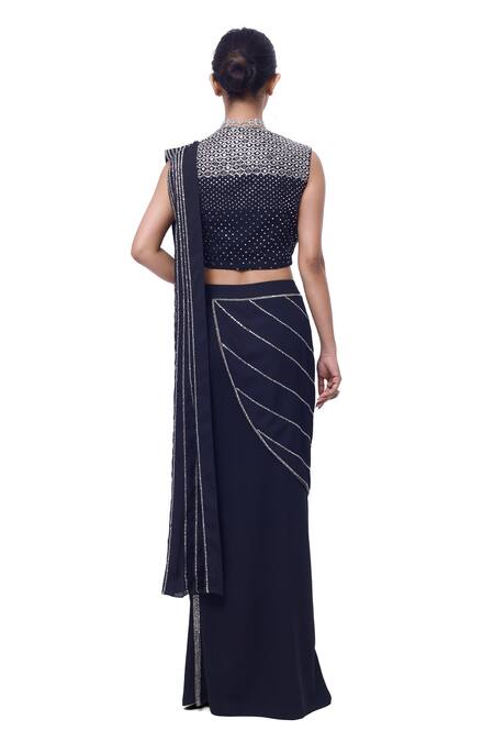 Shop Onaya Black Georgette Embellished Mirror Sweetheart Pre-stitched Saree With Blouse at Aza Fashions Shop_Onaya_Black Georgette Embellished Mirror Sweetheart Pre-stitched Saree With Blouse_at_Aza_Fashions
