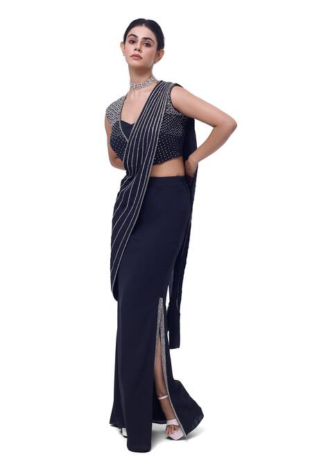 Onaya Black Georgette Embellished Mirror Sweetheart Pre-stitched Saree With Blouse Online at Aza Fashions Onaya_Black Georgette Embellished Mirror Sweetheart Pre-stitched Saree With Blouse_Online_at_Aza_Fashions