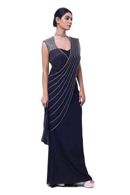 Buy Onaya Black Georgette Embellished Mirror Sweetheart Pre-stitched Saree With Blouse Online at Aza Fashions Buy_Onaya_Black Georgette Embellished Mirror Sweetheart Pre-stitched Saree With Blouse_Online_at_Aza_Fashions