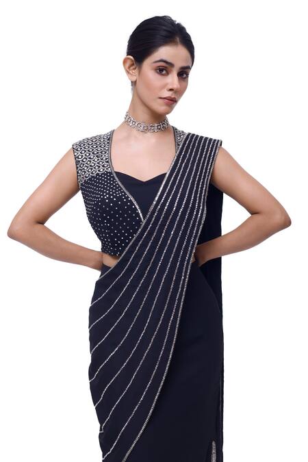 Shop Onaya Black Georgette Embellished Mirror Sweetheart Pre-stitched Saree With Blouse Online at Aza Fashions Shop_Onaya_Black Georgette Embellished Mirror Sweetheart Pre-stitched Saree With Blouse_Online_at_Aza_Fashions