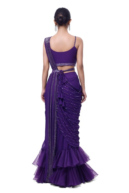 Shop Onaya Purple Georgette Sequins, Cut Embellished Pre-stitched Ruffle Saree With Blouse at Aza Fashions Shop_Onaya_Purple Georgette Sequins, Cut Embellished Pre-stitched Ruffle Saree With Blouse _at_Aza_Fashions