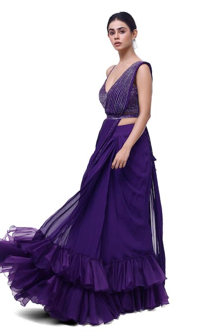 Onaya Purple Georgette Sequins, Cut Embellished Pre-stitched Ruffle Saree With Blouse Online at Aza Fashions Onaya_Purple Georgette Sequins, Cut Embellished Pre-stitched Ruffle Saree With Blouse _Online_at_Aza_Fashions