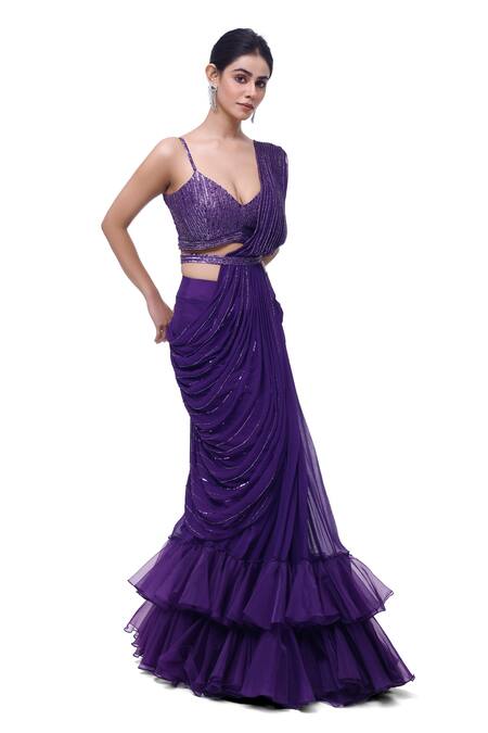 Buy Onaya Purple Georgette Sequins, Cut Embellished Pre-stitched Ruffle Saree With Blouse Online at Aza Fashions Buy_Onaya_Purple Georgette Sequins, Cut Embellished Pre-stitched Ruffle Saree With Blouse _Online_at_Aza_Fashions