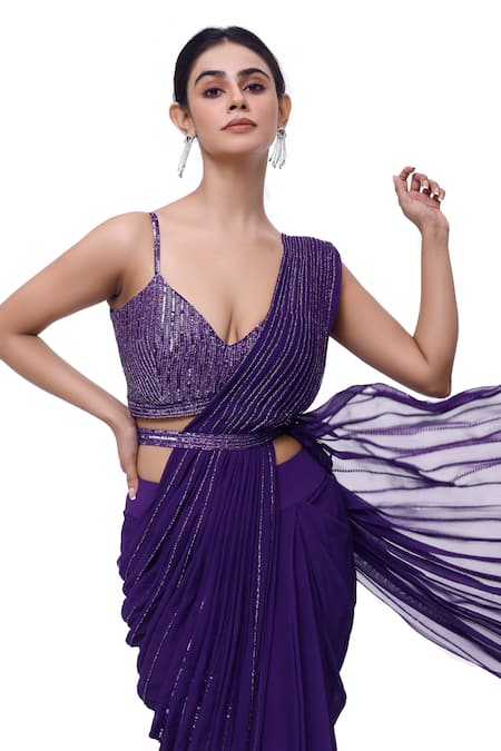 Shop Onaya Purple Georgette Sequins, Cut Embellished Pre-stitched Ruffle Saree With Blouse Online at Aza Fashions Shop_Onaya_Purple Georgette Sequins, Cut Embellished Pre-stitched Ruffle Saree With Blouse _Online_at_Aza_Fashions