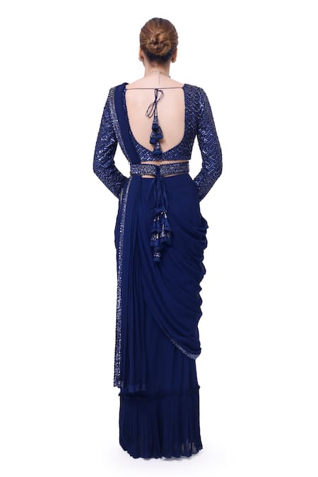 Shop Onaya Blue Georgette Embellished Cutdana Leaf Border Pre-stitched Saree With Blouse at Aza Fashions Shop_Onaya_Blue Georgette Embellished Cutdana Leaf Border Pre-stitched Saree With Blouse _at_Aza_Fashions