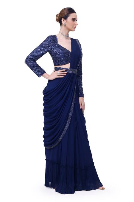 Buy Onaya Blue Georgette Embellished Cutdana Leaf Border Pre-stitched Saree With Blouse Online at Aza Fashions Buy_Onaya_Blue Georgette Embellished Cutdana Leaf Border Pre-stitched Saree With Blouse _Online_at_Aza_Fashions