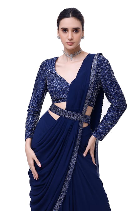 Shop Onaya Blue Georgette Embellished Cutdana Leaf Border Pre-stitched Saree With Blouse Online at Aza Fashions Shop_Onaya_Blue Georgette Embellished Cutdana Leaf Border Pre-stitched Saree With Blouse _Online_at_Aza_Fashions