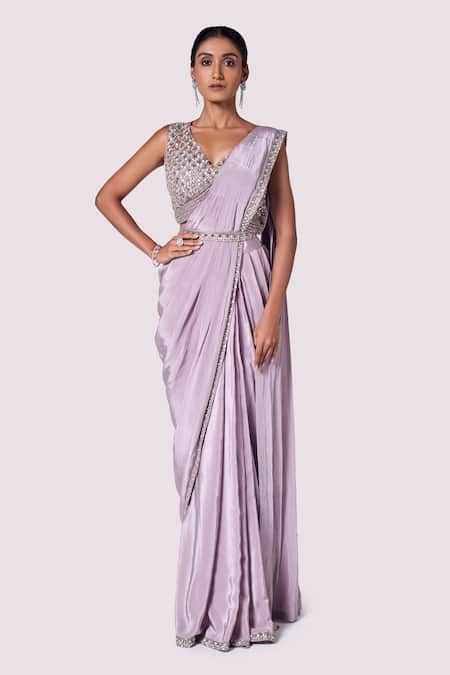 Onaya Pink Crepe Embellished Mirror Border Pre-stitched Saree With Blouse 