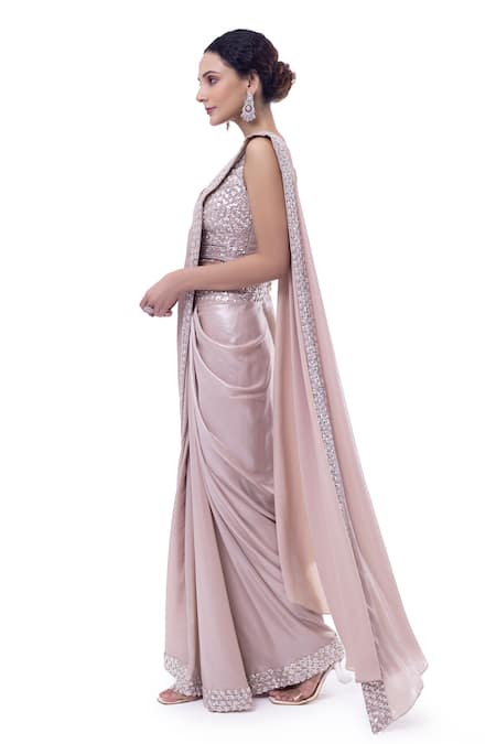 Onaya_Beige Lurex Sequins, Beads V-neck Embellished Pre-stitched Saree And Blouse _Online_at_Aza_Fashions