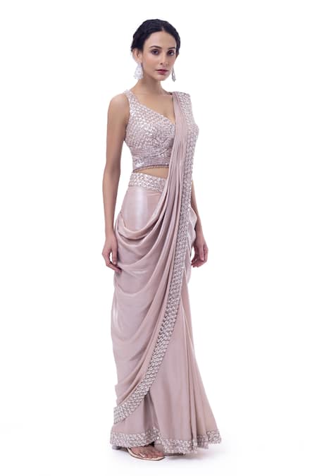 Buy_Onaya_Beige Lurex Sequins, Beads V-neck Embellished Pre-stitched Saree And Blouse _Online_at_Aza_Fashions