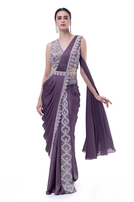 Buy Purple Satin Embellished Border Dabka Pre-stitched Saree With Blouse  For Women by Onaya Online at Aza Fashions.