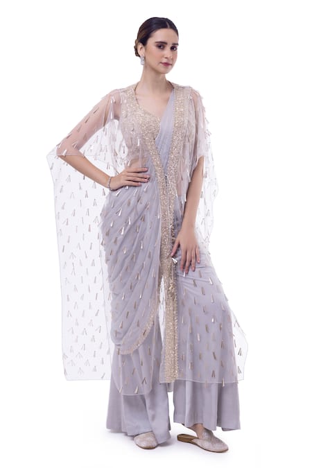 Onaya_Grey Silk, Net Cut Work, Pre-stitched Pant Saree Set With Embellished Jacket_Online_at_Aza_Fashions