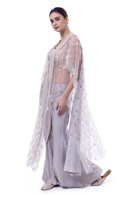 Buy_Onaya_Grey Silk, Net Cut Work, Pre-stitched Pant Saree Set With Embellished Jacket_Online_at_Aza_Fashions