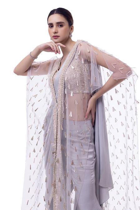 Shop_Onaya_Grey Silk, Net Cut Work, Pre-stitched Pant Saree Set With Embellished Jacket_Online_at_Aza_Fashions