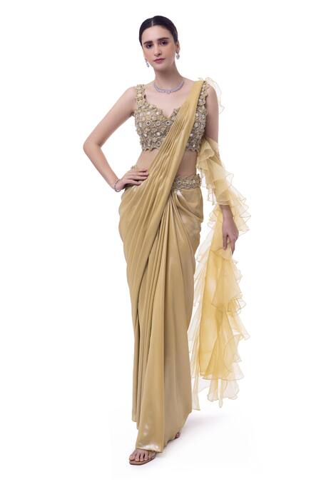 Onaya Beige Lurex Embellished Cheed V Waist Pre-stitched Ruffle Saree With Blouse