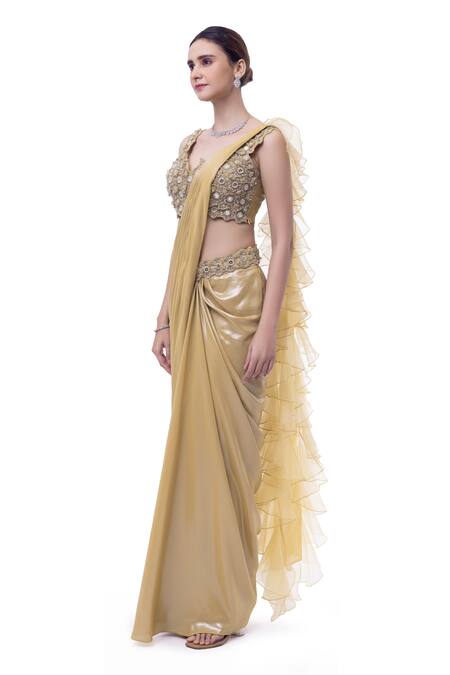 Onaya Beige Lurex Embellished Cheed V Waist Pre-stitched Ruffle Saree With Blouse Online at Aza Fashions Onaya_Beige Lurex Embellished Cheed V Waist Pre-stitched Ruffle Saree With Blouse_Online_at_Aza_Fashions