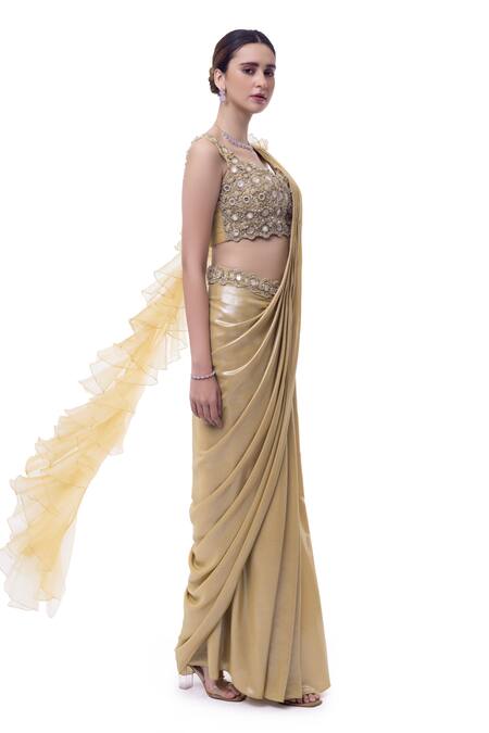 Buy Onaya Beige Lurex Embellished Cheed V Waist Pre-stitched Ruffle Saree With Blouse Online at Aza Fashions Buy_Onaya_Beige Lurex Embellished Cheed V Waist Pre-stitched Ruffle Saree With Blouse_Online_at_Aza_Fashions