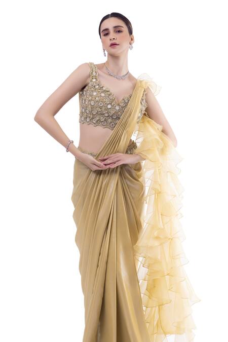 Shop Onaya Beige Lurex Embellished Cheed V Waist Pre-stitched Ruffle Saree With Blouse Online at Aza Fashions Shop_Onaya_Beige Lurex Embellished Cheed V Waist Pre-stitched Ruffle Saree With Blouse_Online_at_Aza_Fashions
