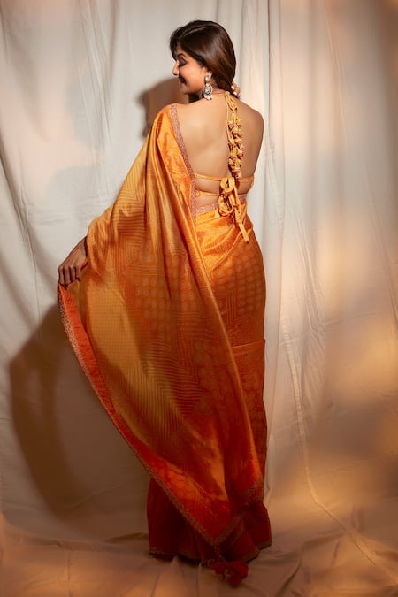 Shop_Punit Balana_Yellow Chanderi Silk, Organza Kasundi Bandhani Print Saree With Blouse _at_Aza_Fashions