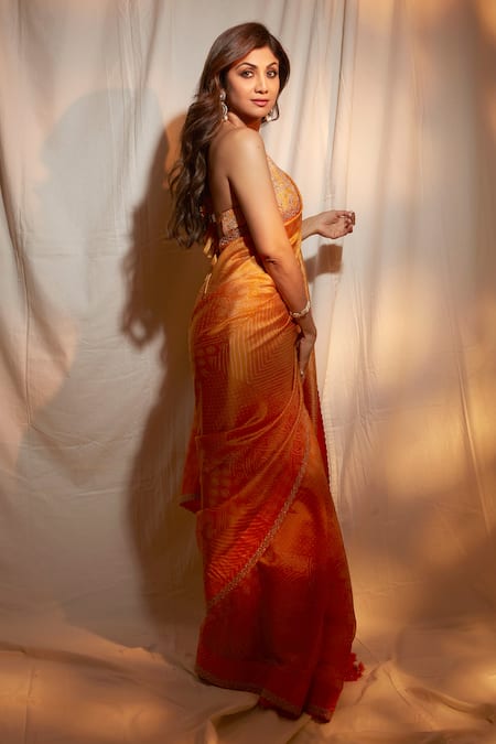 Punit Balana_Yellow Chanderi Silk, Organza Kasundi Bandhani Print Saree With Blouse _Online_at_Aza_Fashions