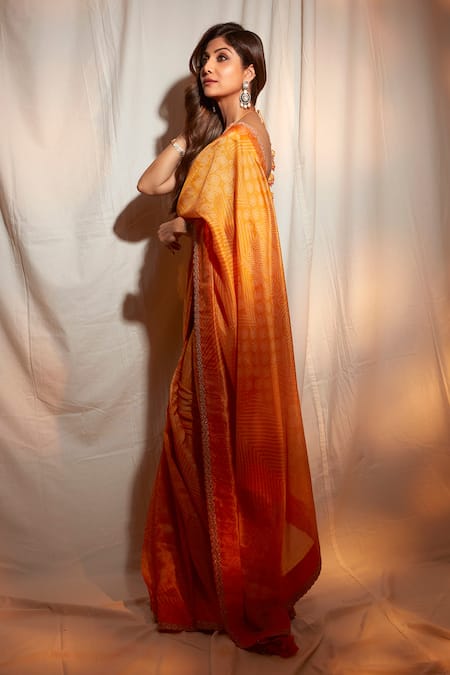 Buy_Punit Balana_Yellow Chanderi Silk, Organza Kasundi Bandhani Print Saree With Blouse _Online_at_Aza_Fashions