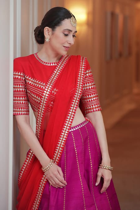 Priyal Prakash_Purple Silk, Net Sequins, Zari, Embroidery Round Neck Raw Aari Lehenga Set _Online_at_Aza_Fashions