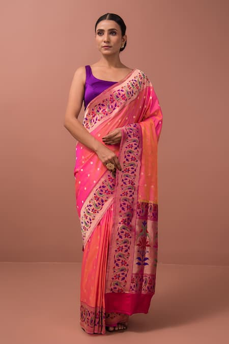 Buy Yellow Katan Silk Handwoven Polka Dot Paithani Pattern Saree For Women  by Sacred Weaves Online at Aza Fashions.