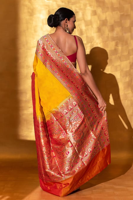 Buy Yellow Katan Silk Handwoven Floral Jaal Paithani Bordered