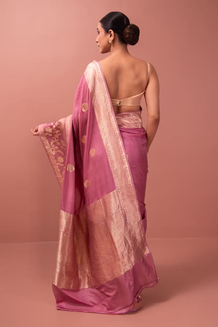 Shop Sacred Weaves Pink Satin, Silk Zari, Embroidery Floral Meenakari Kadua Handwoven Saree at Aza Fashions Shop_Sacred Weaves_Pink Satin, Silk Zari, Embroidery Floral Meenakari Kadua Handwoven Saree _at_Aza_Fashions