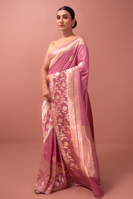 Sacred Weaves Pink Satin, Silk Zari, Embroidery Floral Meenakari Kadua Handwoven Saree Online at Aza Fashions Sacred Weaves_Pink Satin, Silk Zari, Embroidery Floral Meenakari Kadua Handwoven Saree _Online_at_Aza_Fashions