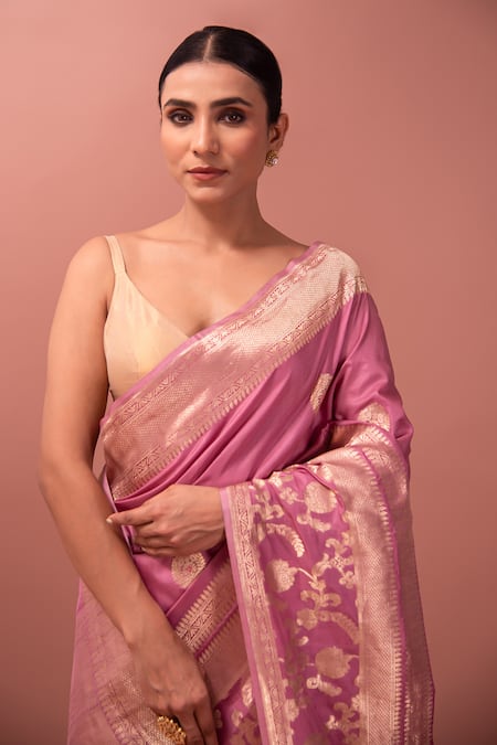 Buy Sacred Weaves Pink Satin, Silk Zari, Embroidery Floral Meenakari Kadua Handwoven Saree Online at Aza Fashions Buy_Sacred Weaves_Pink Satin, Silk Zari, Embroidery Floral Meenakari Kadua Handwoven Saree _Online_at_Aza_Fashions