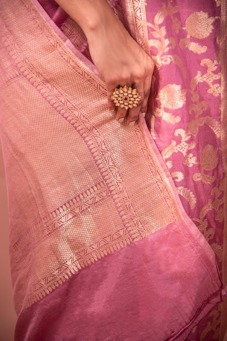 Shop Sacred Weaves Pink Satin, Silk Zari, Embroidery Floral Meenakari Kadua Handwoven Saree Online at Aza Fashions Shop_Sacred Weaves_Pink Satin, Silk Zari, Embroidery Floral Meenakari Kadua Handwoven Saree _Online_at_Aza_Fashions