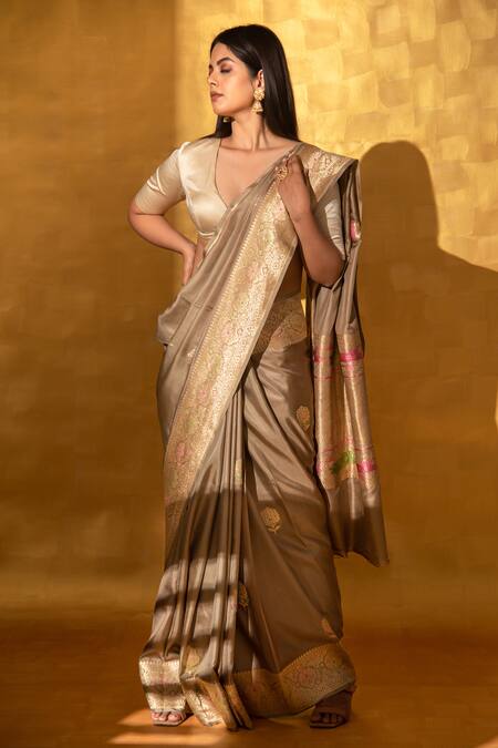 Buy_Sacred Weaves_Beige Satin, Silk Zari Handwoven Floral Meenakari Kadua Work Saree_Online_at_Aza_Fashions